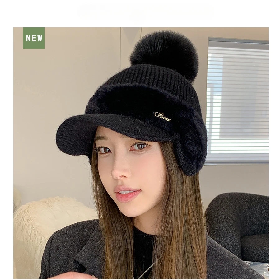 Rabbit Fur Knitted Baseball Cap Women Winter Hats Baseball Autumn Winter Ear Protection CapTo Keep Warm Baseball Hats image 4