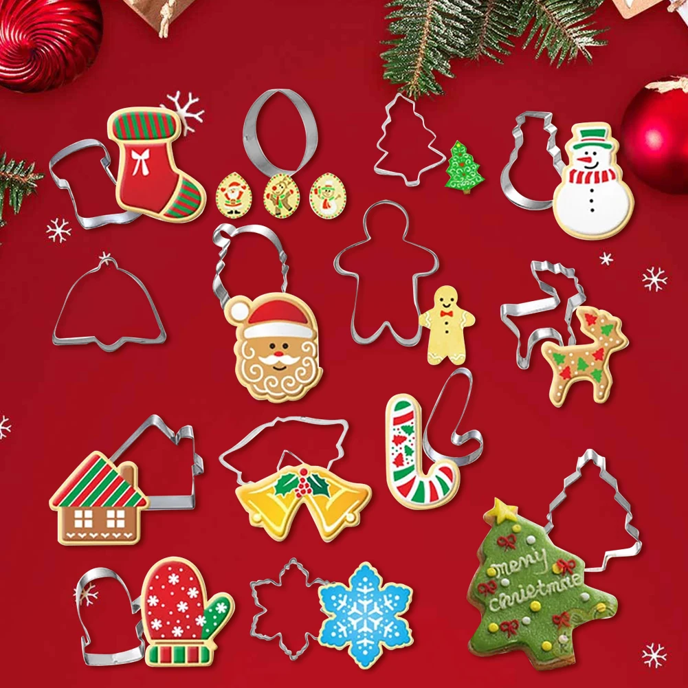 14Pcs Christmas Cookie Cutters Stainless Steel 3D Cookie Cutter DIY Winter Holiday Cookie Cutter for Making Muffins Biscuits