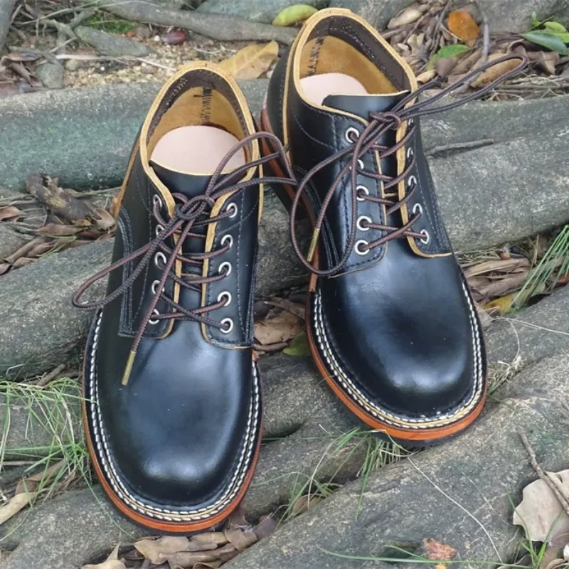Handmade Genuine Leather Chelsea Boots Men's Outdoor Work Lace Up Thick Sole Casual Leather Shoes Male Motorcycle Ankle Boots