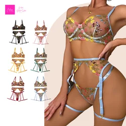 Lingerie Set Sensual Lace Underwear Transparent Embroidery 3 Pcs Garters Fancy Beautiful Short Skin Care Kits Intimate Bra Set