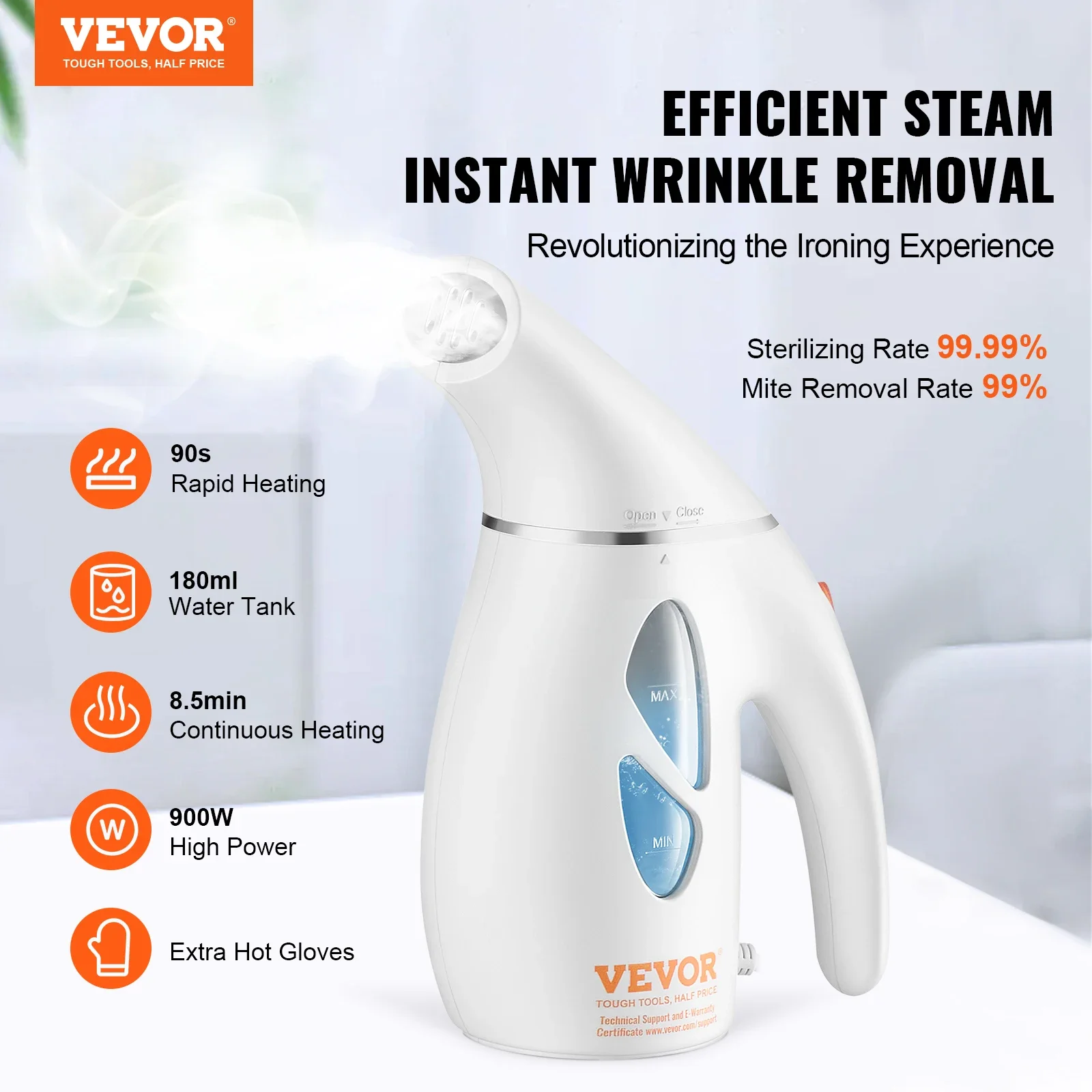 VEVOR Portable Handheld Fabric Steamer 900W Quick Heat Steamer for Clothes Wrinkle Remover Clothing Iron Garment Steam Cleaner