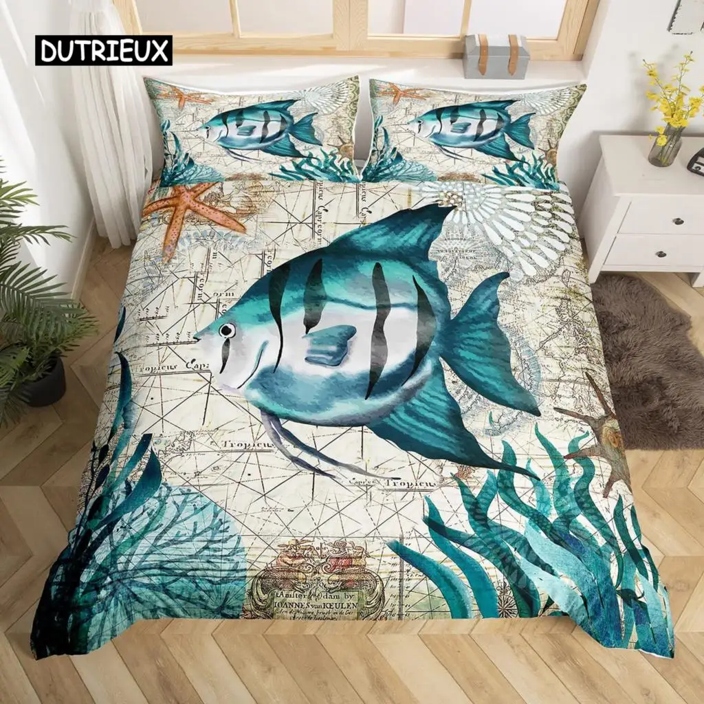 Teal Comforter Cover King Queen Ocean Spanish Mackerel Duvet Cover Nautical Underwater World Marine Life Polyester Bedding Set