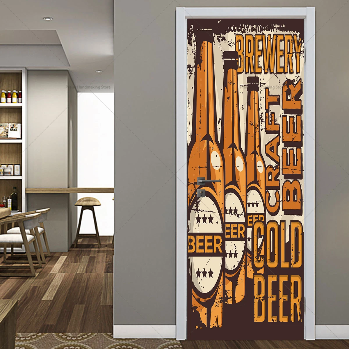 Beer Bottle Art Graffiti Door Sticker DIY Bedroom Wardrobe Sliding Door Sticker 3D Waterproof Removable Landscape Mural