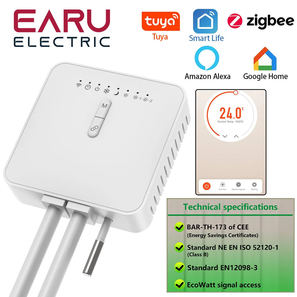 Tuya ZigBee Smart Thermostat For Pilot Wire Heating Radiator Support Ecowatt Electricity Monitoring Remote Control Alexa Google