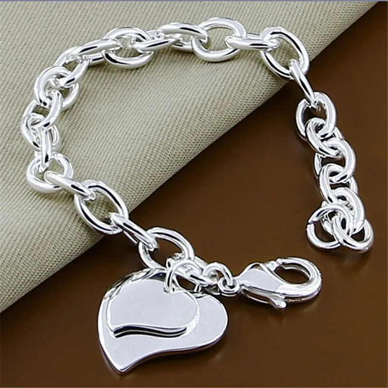 

925 Sterling Silver Double Heart Pendant Bracelet For Woman Charm Wedding Engagement Fashion Party Jewelry