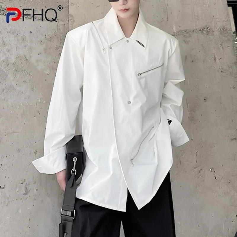 

PFHQ Men's Zippers Design Lapel Shirts Tide Personality Functional Style Long Sleeve Korean Versatile Simple Tops Summer 21Z4028