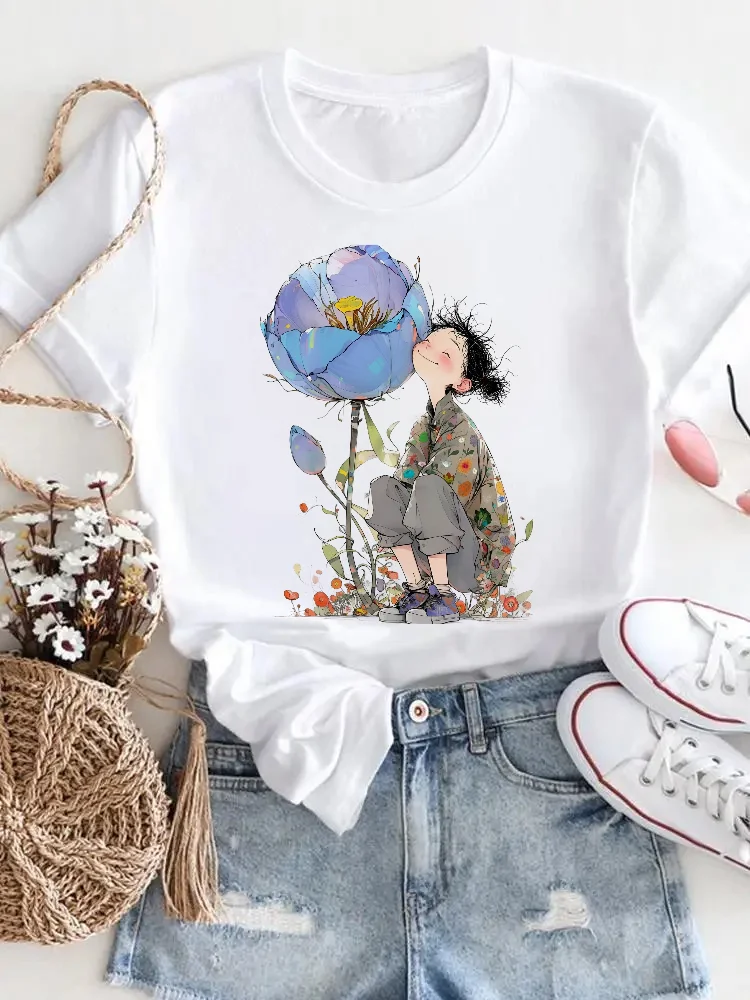 Top Round Neck Fashionable 90s Watercolor T-Shirt Casual Polyester T-Shirt Balloon Girl Short Sleeved Printed 2025 Women's T-Shi