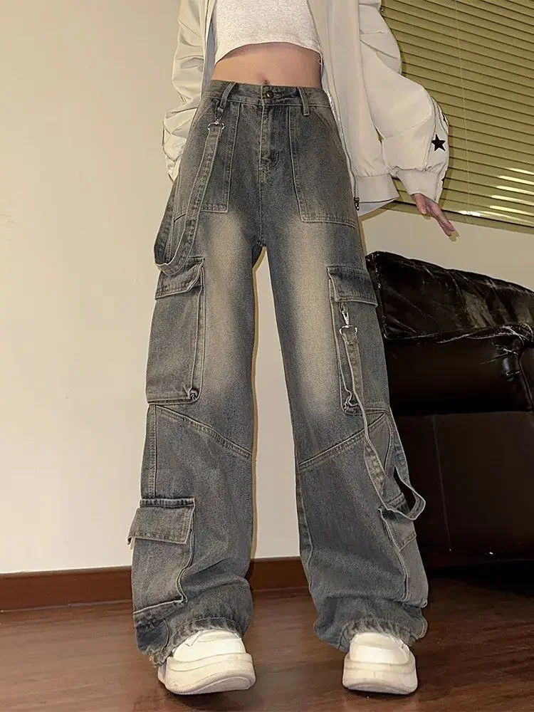 Jeans cargo larghi retrò americani da donna a vita alta tasche multiple pantaloni in denim vintage streetwear pantaloni larghi a gamba larga