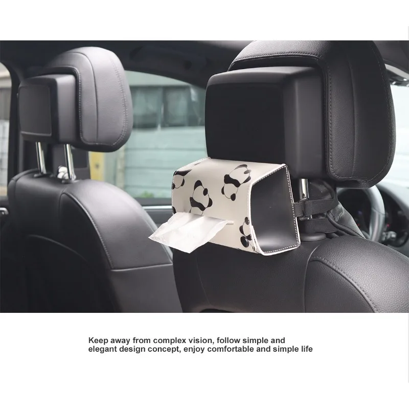 Ins Style Leather Tissue Box Black Series Panda Car Tissue Cover Auto Interior Decor Paper Napkin Storage Holder Car Accessory