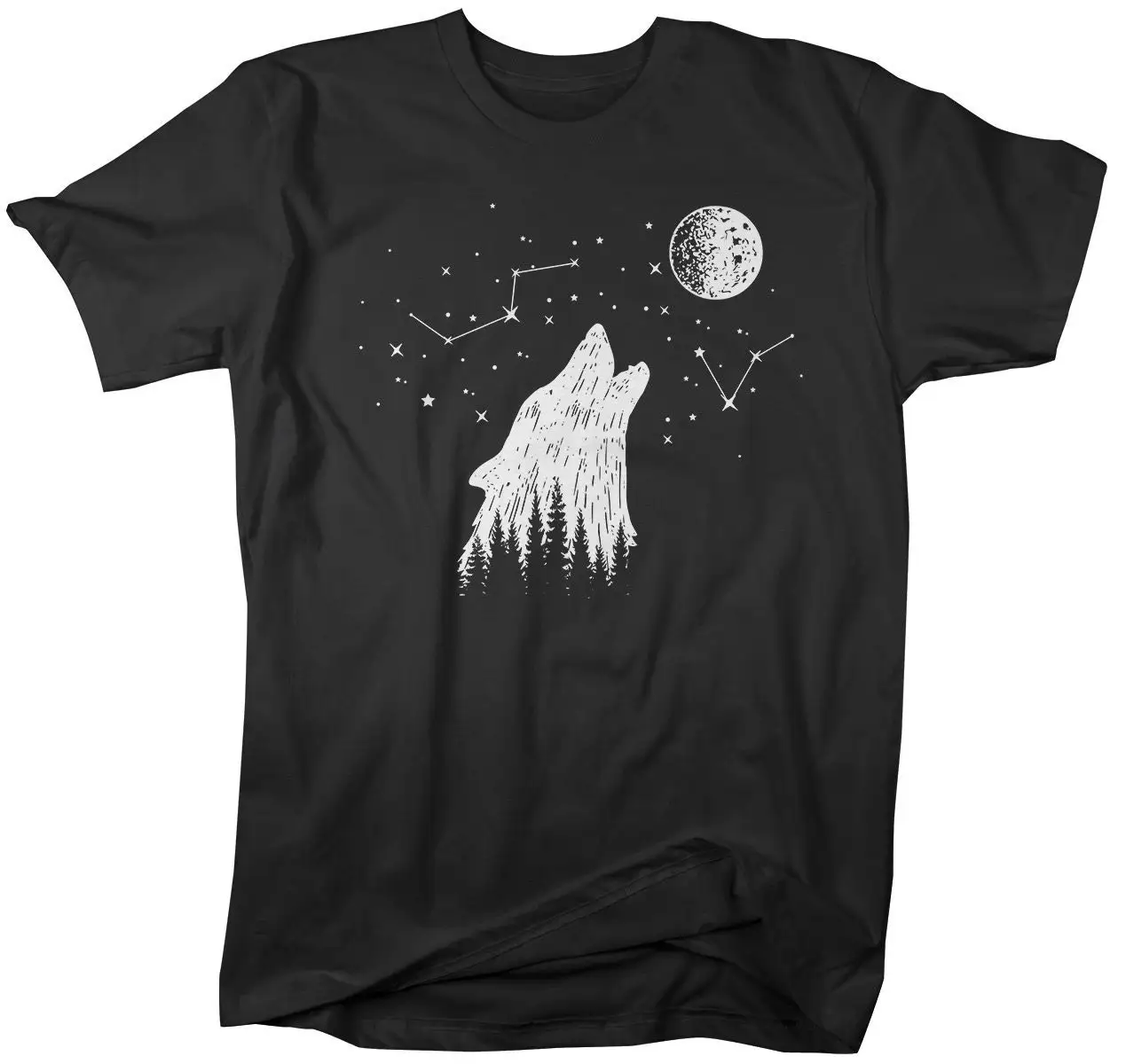 Men's Hipster Wolf T Shirt Howling Stars Moon Big Dipper