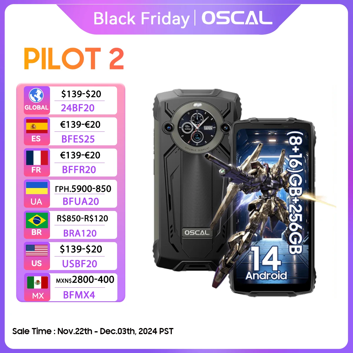 [العرض الأول في العالم] هاتف OSCAL PILOT 2 متين، شاشة 6.5 بوصة FHD+، 8800 مللي أمبير 45 وات، هاتف محمول Android 14، مشاعل LED مزدوجة