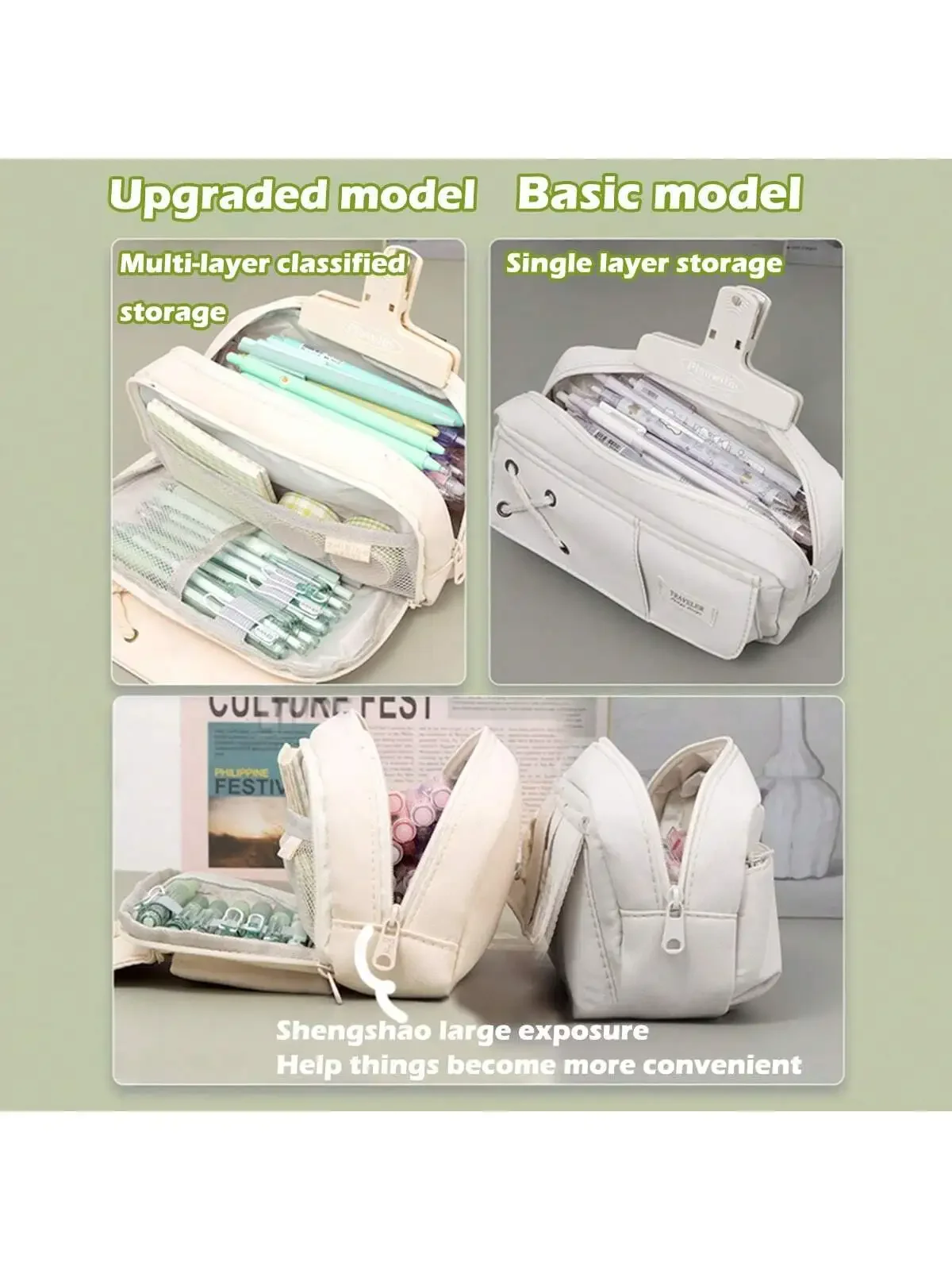 High Capacity Canvas Pencil Case, Solid Color Simple Design Layered Pencil Case, Multi-Purpose And Suitable Stationery Pouch