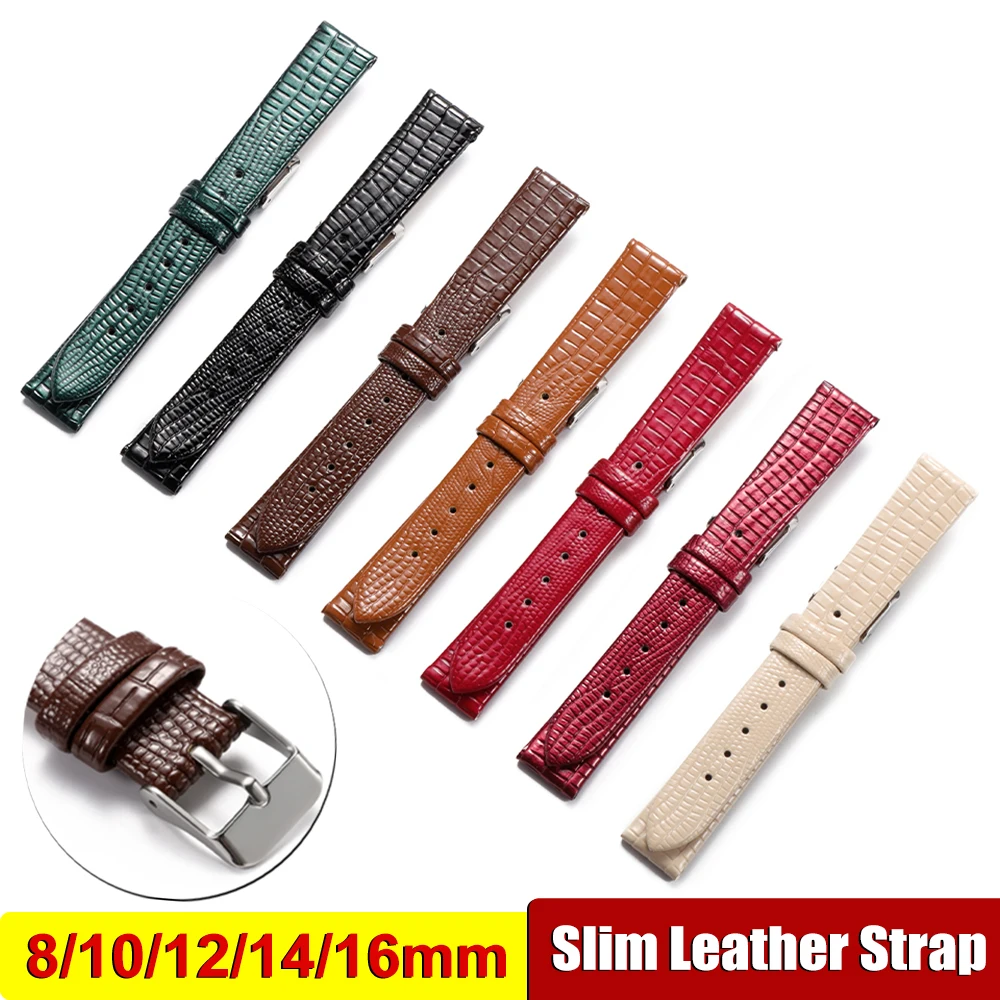 8mm 10mm 12mm 14mm Eidechsenmuster Ultradünnes Lederarmband für Damenuhren Schmales Leder-Uhrenarmband Universelle Armbänder