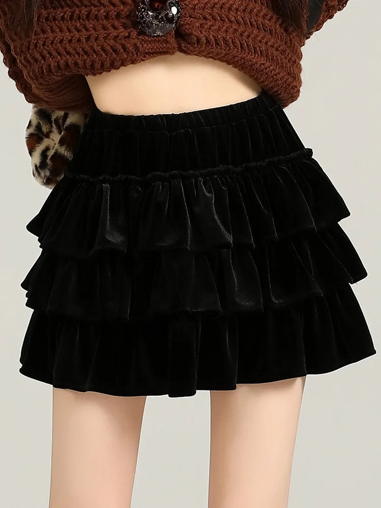 

French style gold velvet fluffy cake short skirt women's autumn and winter new ballet fashion high waisted A-line skirt