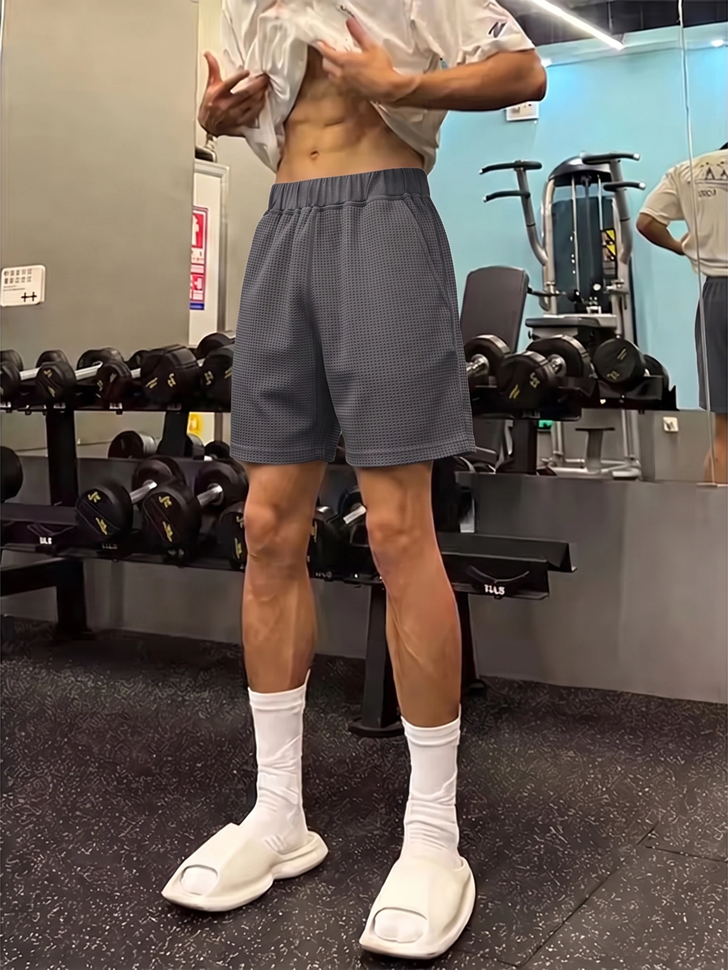 Quick Dry Fitness Training Shorts Men's Summer American Basketball Sports Grey Herringbone Pattern Breathable Sportswear