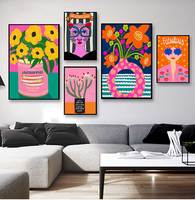 Leopard lady colorful rainbow flower cup wall art canvas painting nordic posters and copies wall photos for living room