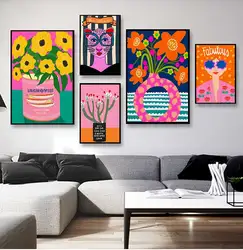 Leopard lady colorful rainbow flower cup wall art canvas painting nordic posters and copies wall photos for living room