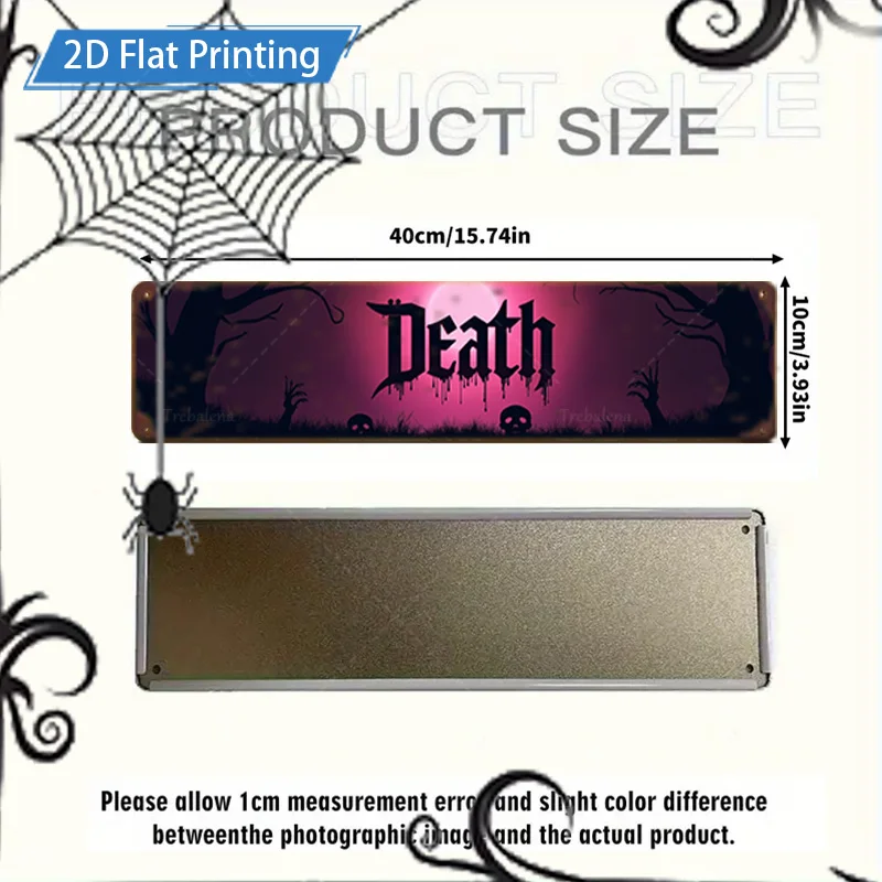 1pc Metal Sign, 4x16inch Halloween "Death" Scene Flat Printing Metal Sign with Pumpkin and Bat Decorations