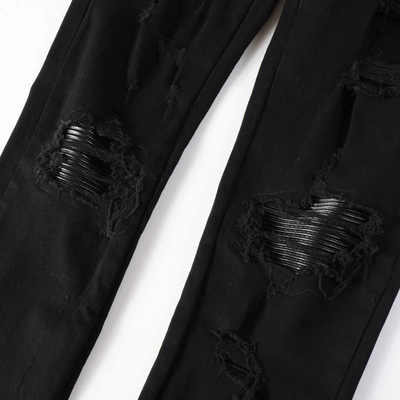 High street fashion new men's black jeans stretch slim fit retro washed leather patch jeans hip-hop brand designer pants Hombre