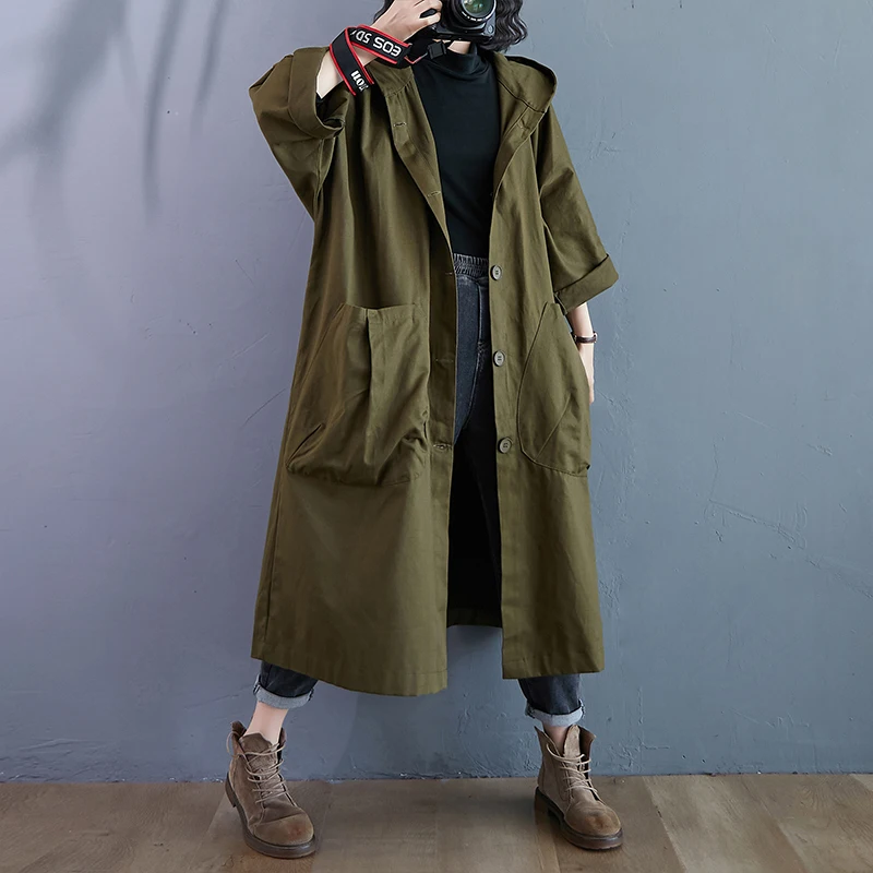 Artistic Large Size Women's Loose Over-Knee Long Coat with Big Pockets Casual Commute Autumn Winter Outerwear