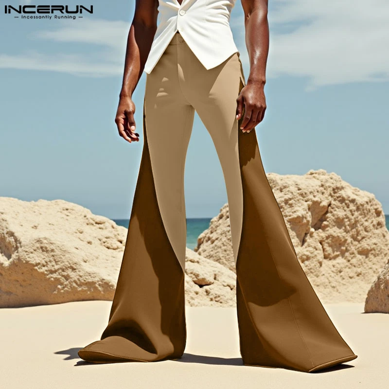 

Модные лоскутные расклешенные брюки INCERUN, летние мужские длинные брюки, повседневные длинные брюки, уличная мужская одежда, большие размеры, S-5XL
