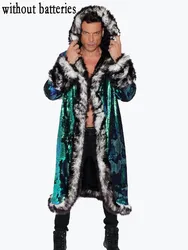 Men's Sequin Faux Fur Long Coat Hooded Luxury Party Nightclub Stage Outwear Green Shiny Maxi Fashion Warm Coat