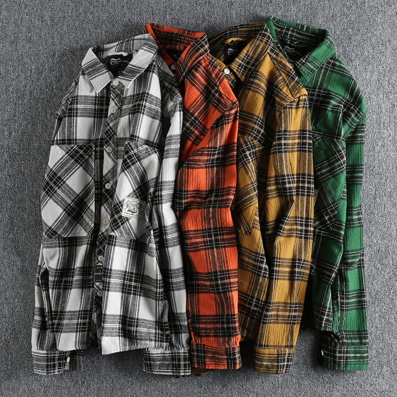 Winter Thick Washed Brushed Fabric Men\'s Plaid Long Sleeve Shirt Jacket American Workwear Big Pocket Fashion Youth Man Shirt