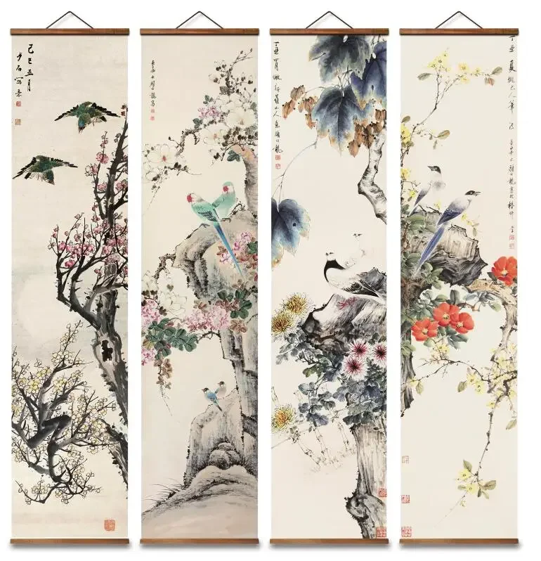 

MT0974 Chinese Style flowers and birds landscape Canvas Decorative Wall Art Posters Solid Wood Scroll Paintings