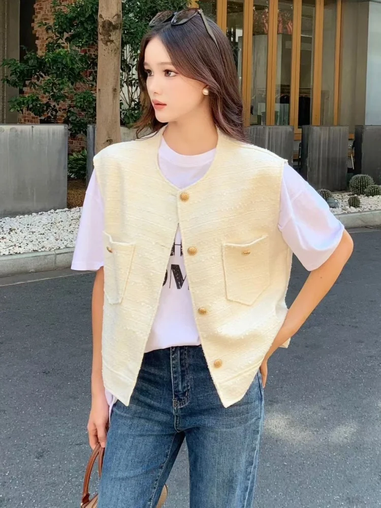 SMTHMA Fall Hot Sale Women's Fashion Casual Tweed Vest Women's Single Breasted Decorated Seeveless Woolen Top