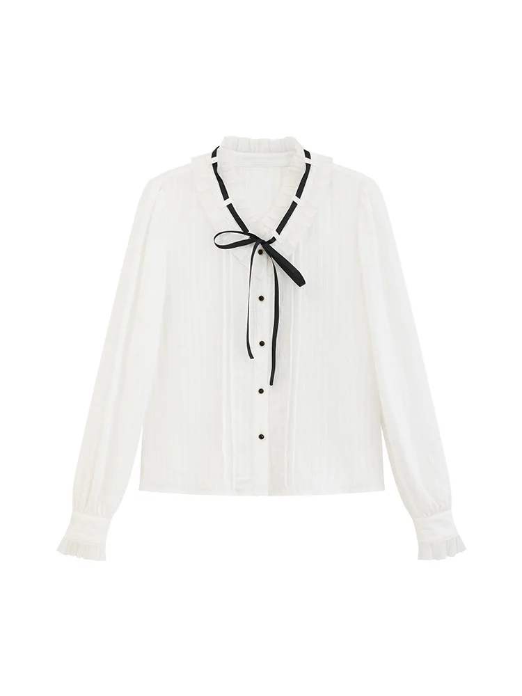 French Style Bow Tie Long Sleeve Blouse Women Elegant White Shirt Spring Slim Fit Chic Design Office Wear Vintage Style Tops