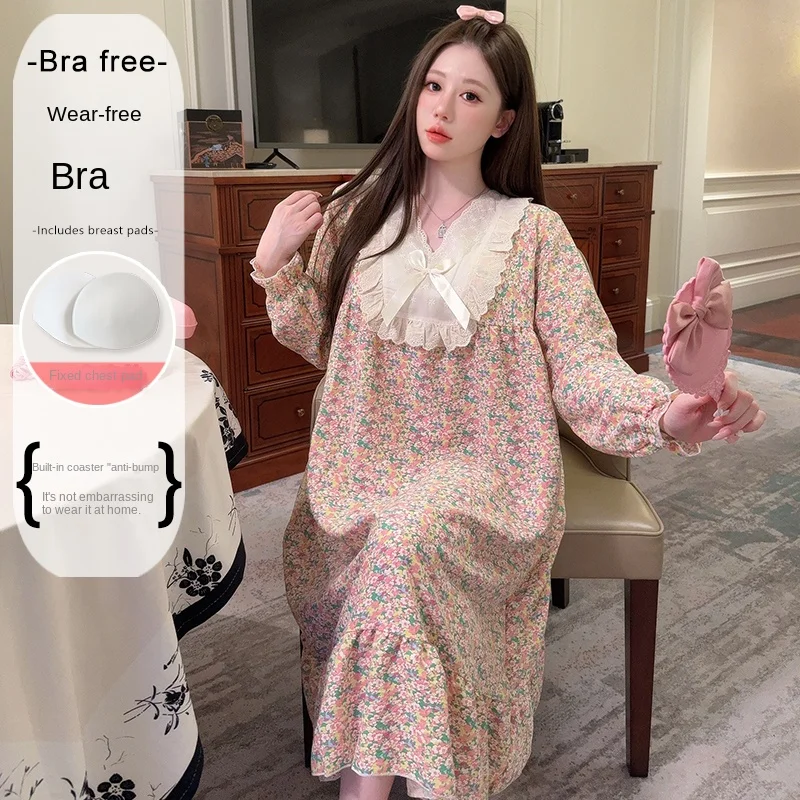 

New Women's Plus Size Casual Loungewear Cozy Floral Print Home Dress for Spring Autumn, Korean Style Nightdress