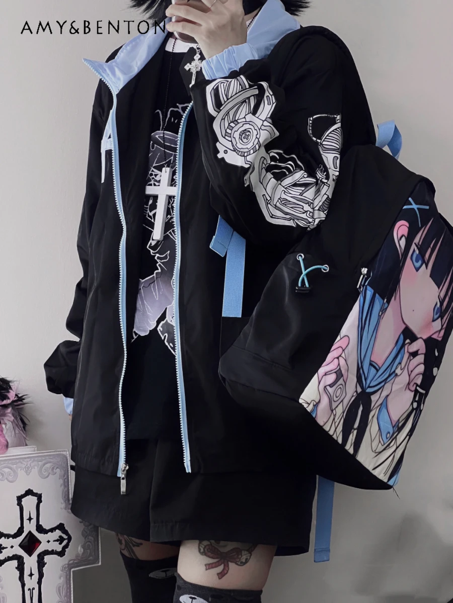 Japanese Gothic Harajuku Cartoon Anime Print Jackets for Women Autumn New Mine Series Water Color Oversized Zipper Couple Jacket