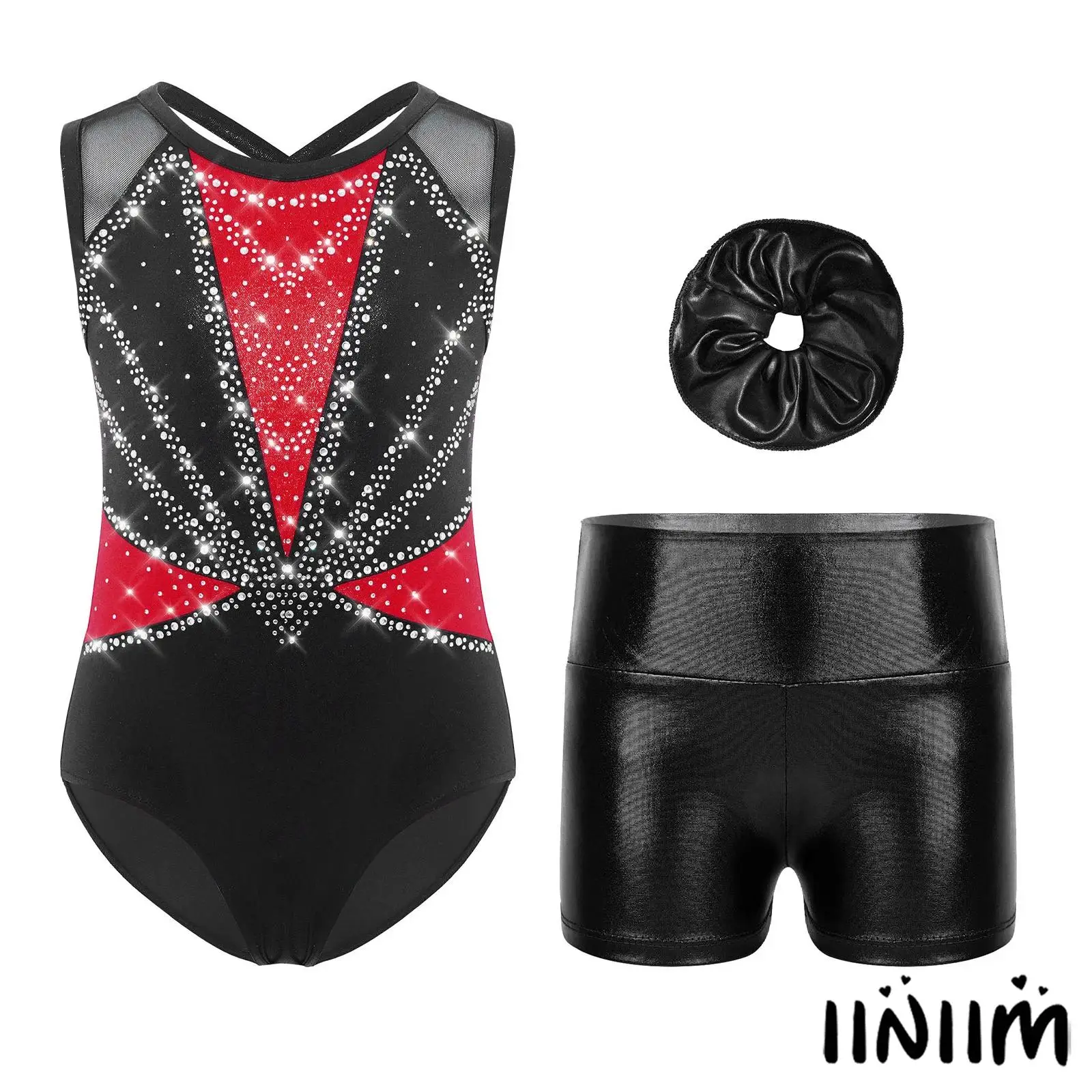 

Girls Metallic Gymnastics Leotard Set Crisscross Back Rhinestones Snap Closure Briefs with Shorts Headwear for Figure Skating