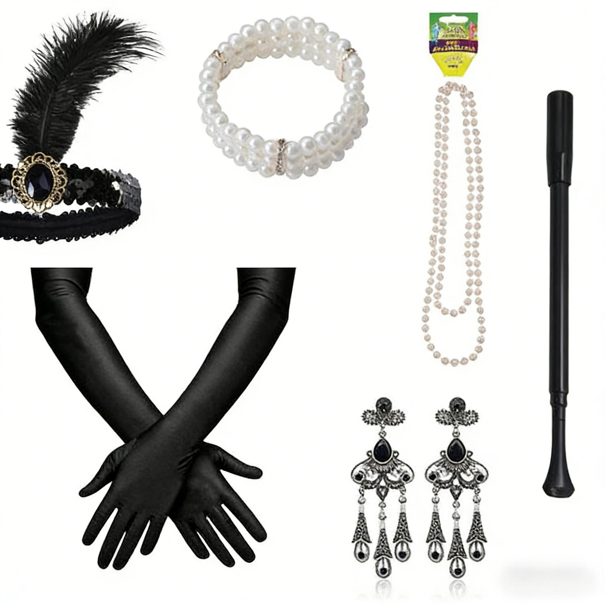 PESENAR 1920s Flapper Costume Accessory Set With Feather Headband, Long Gloves and Pearl Jewelry