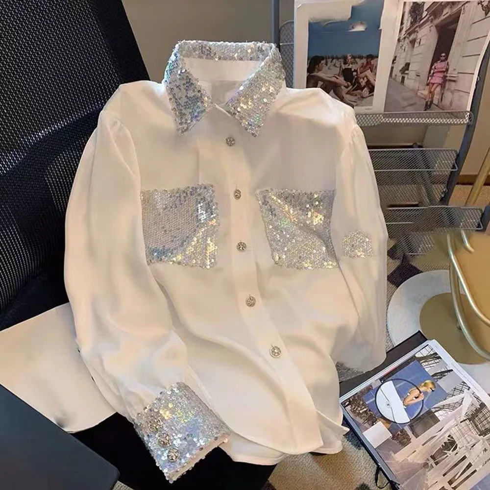 Spliced Sequin White Shirt Women 2024 New Spring High-end Long Sleeved Super Beautiful Temperament Small Blouse Female Tops