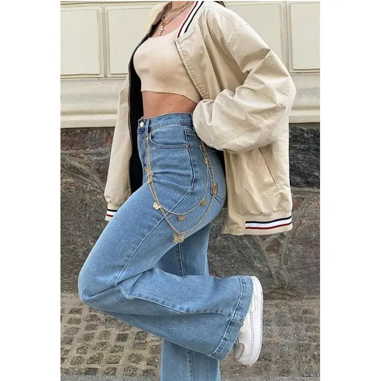 Women's Mid-Waist Patchwork Jeans High Waist Straight Leg Cotton Denim Bla Briti Sle Spring  Adult Straight Tube