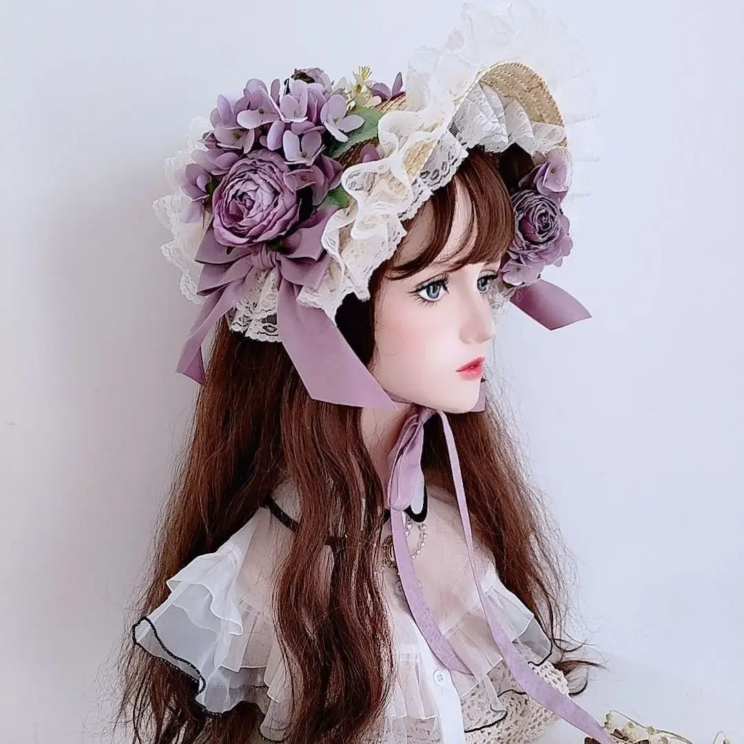 Lolita Flower Elegant Flat Hat Weaving Top Hat Flower Wedding Tea Party Pastoral Straw Hat Lace Han Yang Eclectic Summer