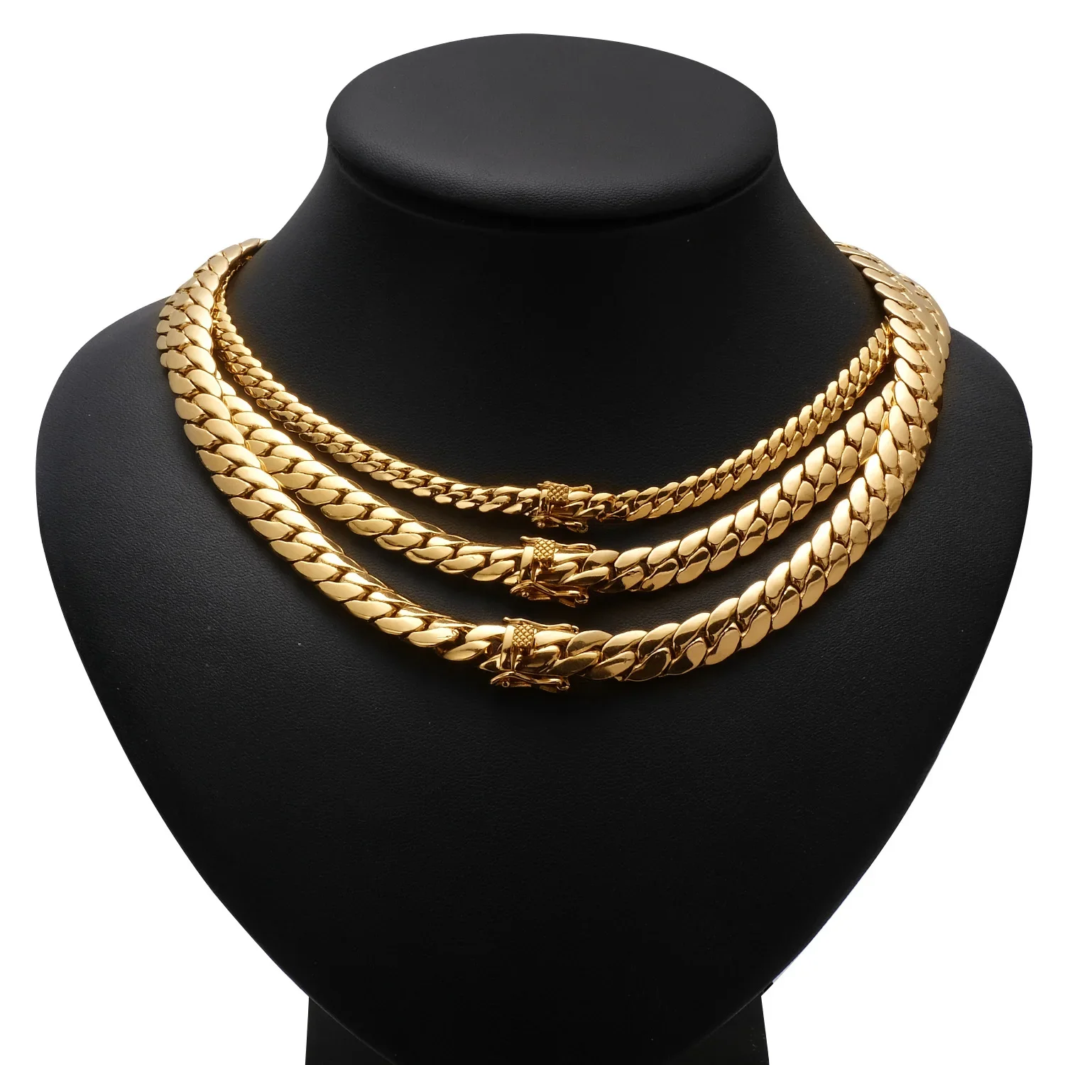18K Gold Plated Waterproof Stainless Steel Bracelet Necklace Men Hiphop Cuban Whip Chain Necklace 6mm/ 8.8mm/9.6mm 16