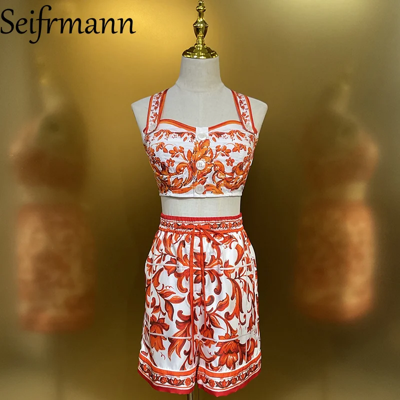 

Seifrmann Casual printed cotton two-piece square neck sleeveless top high waist shorts set 2026 summer new women's clothing