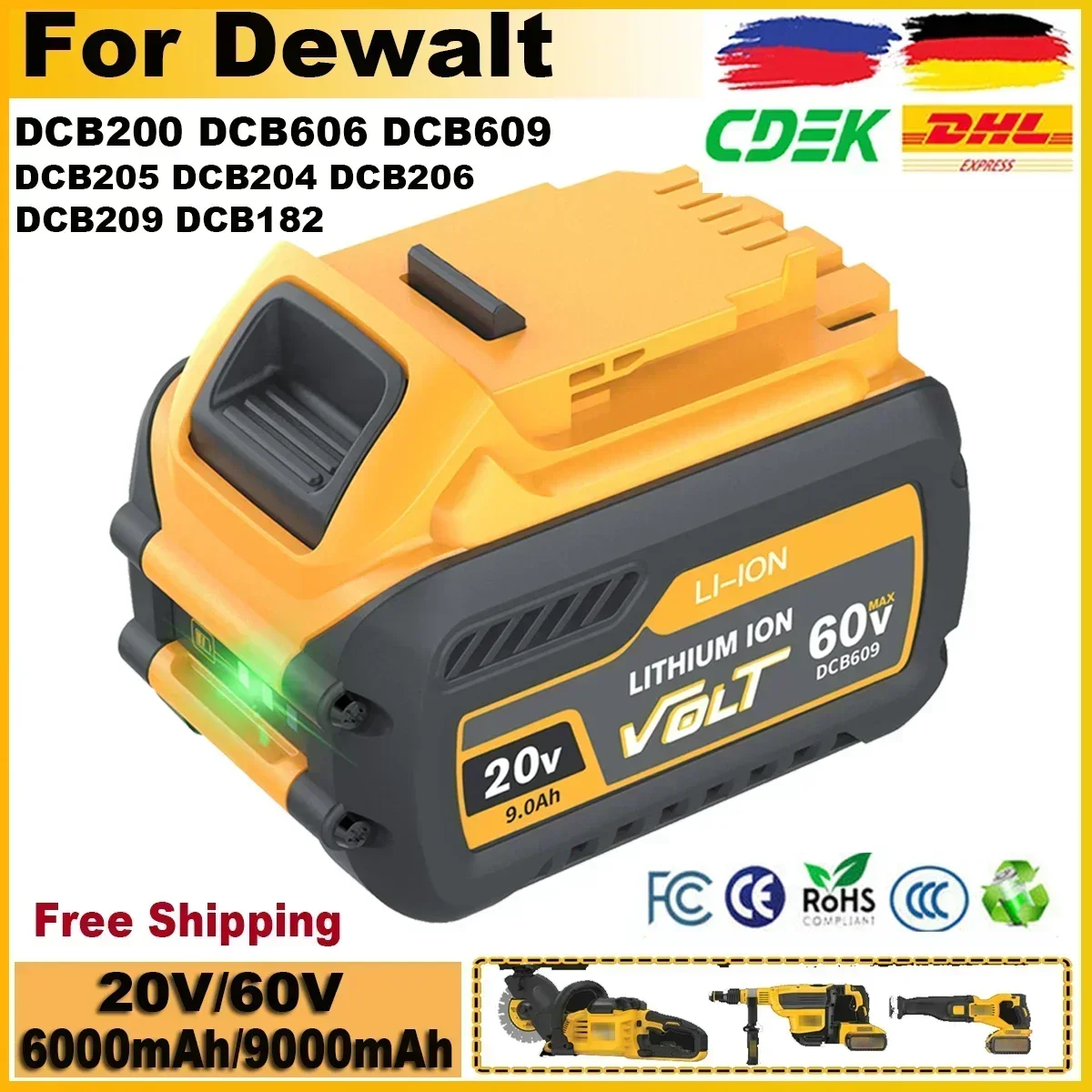 

DCB200 For Dewalt Battery 60V 9000mAh MAX Battery DCB606 DCB609 DCB205 DCB206 DCB209 DCB182 9.0Ah/6.0Ah Power Tool Battery