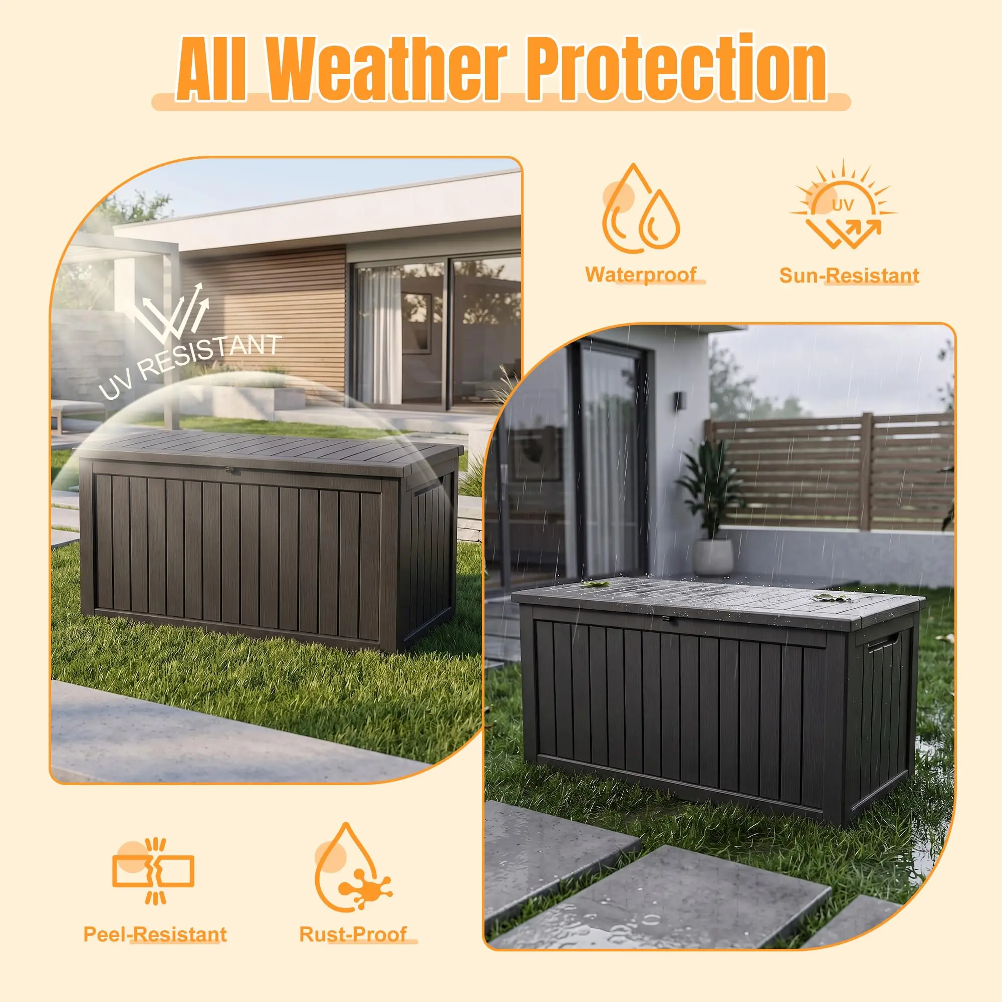 Outdoor Storage Box, 360 Gallon Waterproof Resin Deck Box with Support Rod