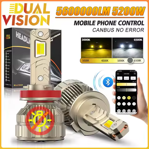 5200W 5600000LM H7 LED Headlight H4 H8 H9 H11 9005 HB3 9006 H1 Auto Bulbs LED Fog Ligh AI Bluetooth APP Control Color 3k-6.5k