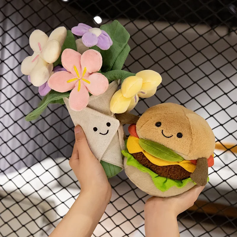 Juguete de peluche de hamburguesa Kawaii, cojín de ramo de relleno suave, comida divertida/almohada de flores, muñeca linda de hamburguesa, regalo de cumpleaños creativo