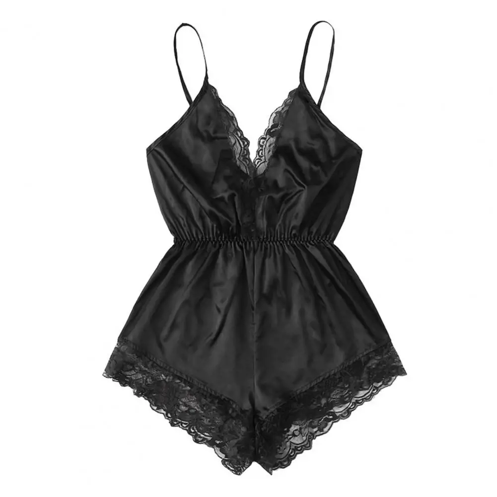 

Sexy Lace Bodysuit Stylish Women's V-neck Lace Bodysuit Sleepwear Sexy Satin Romper Wide Leg Nightwear Backless