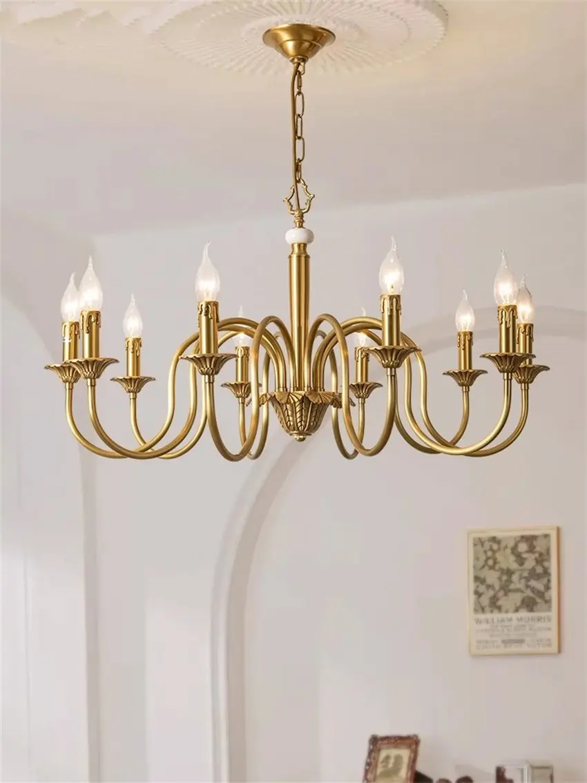 

American retro copper gold candle chandeliers living room dining room bedroom study retro French luxury decorative pendant lamps