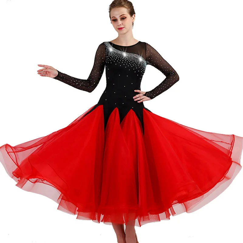 

customized Long sleeved slimming modern dance performance competition dress ballroom dance waltz big swing dress ropa de niña