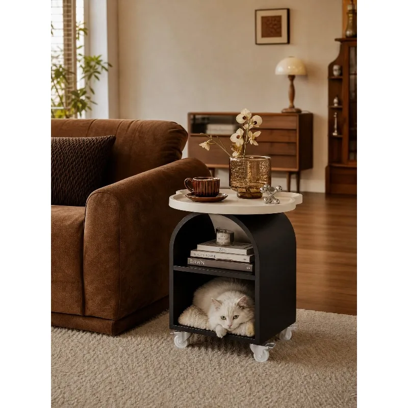 Mid-Century Modern Side Table with Casters, Multifunctional Coffee Table Nightstand Storage Rack for Living Room, Bedroom