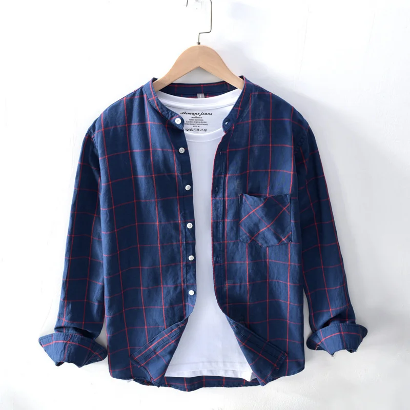 

Men's Cotton Linen Plaid Shirt Thin Chinese Style Stand Neck Simple Versatile Chest Pocket Casual Male Clothes Blouses Shirts