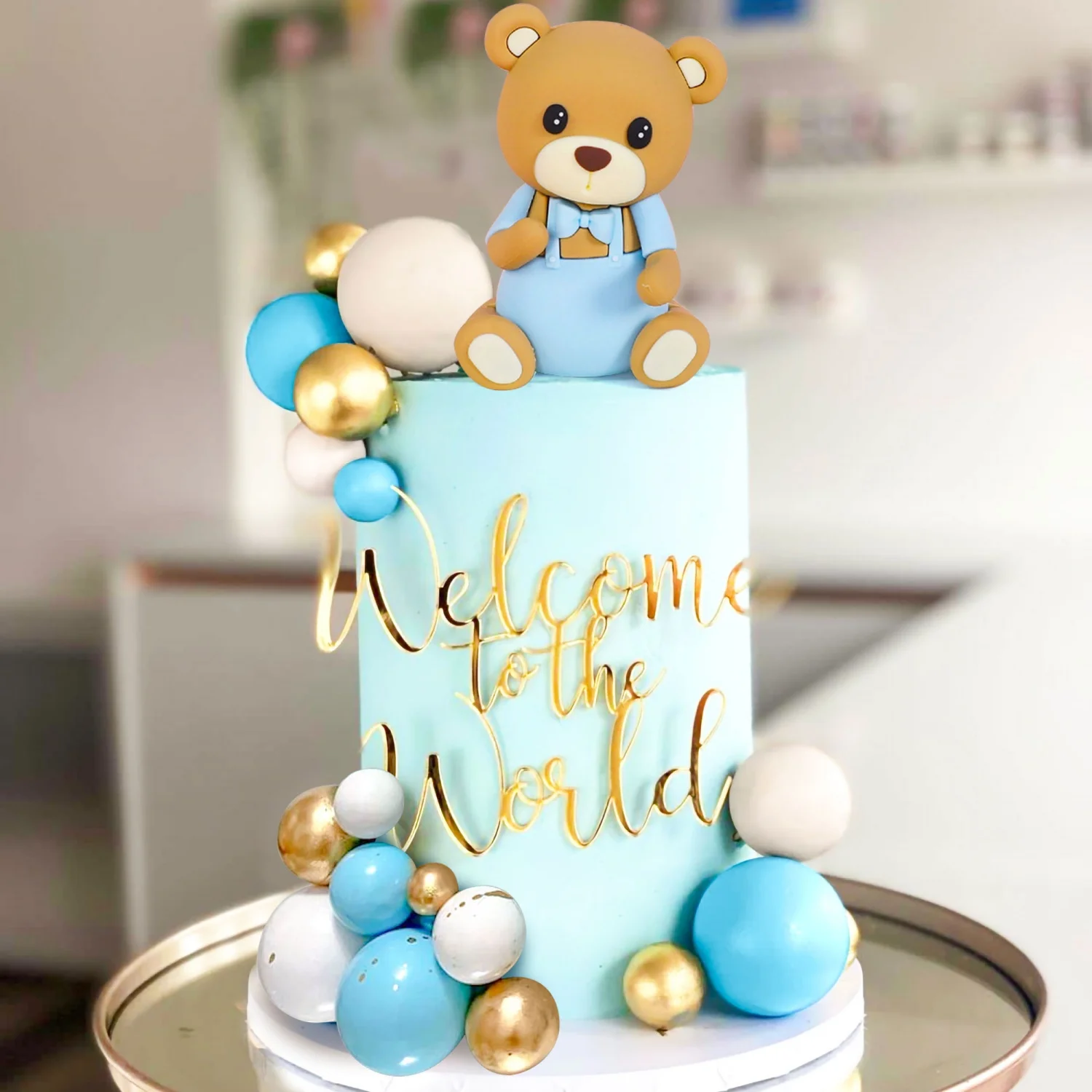 LaVenty Teddybär-Kuchendekoration, Kuchendekoration, Babyparty, Junge, Kuchendekoration, Mädchen, 1 Jahr, blaue Kuchendekoration – Detail 4