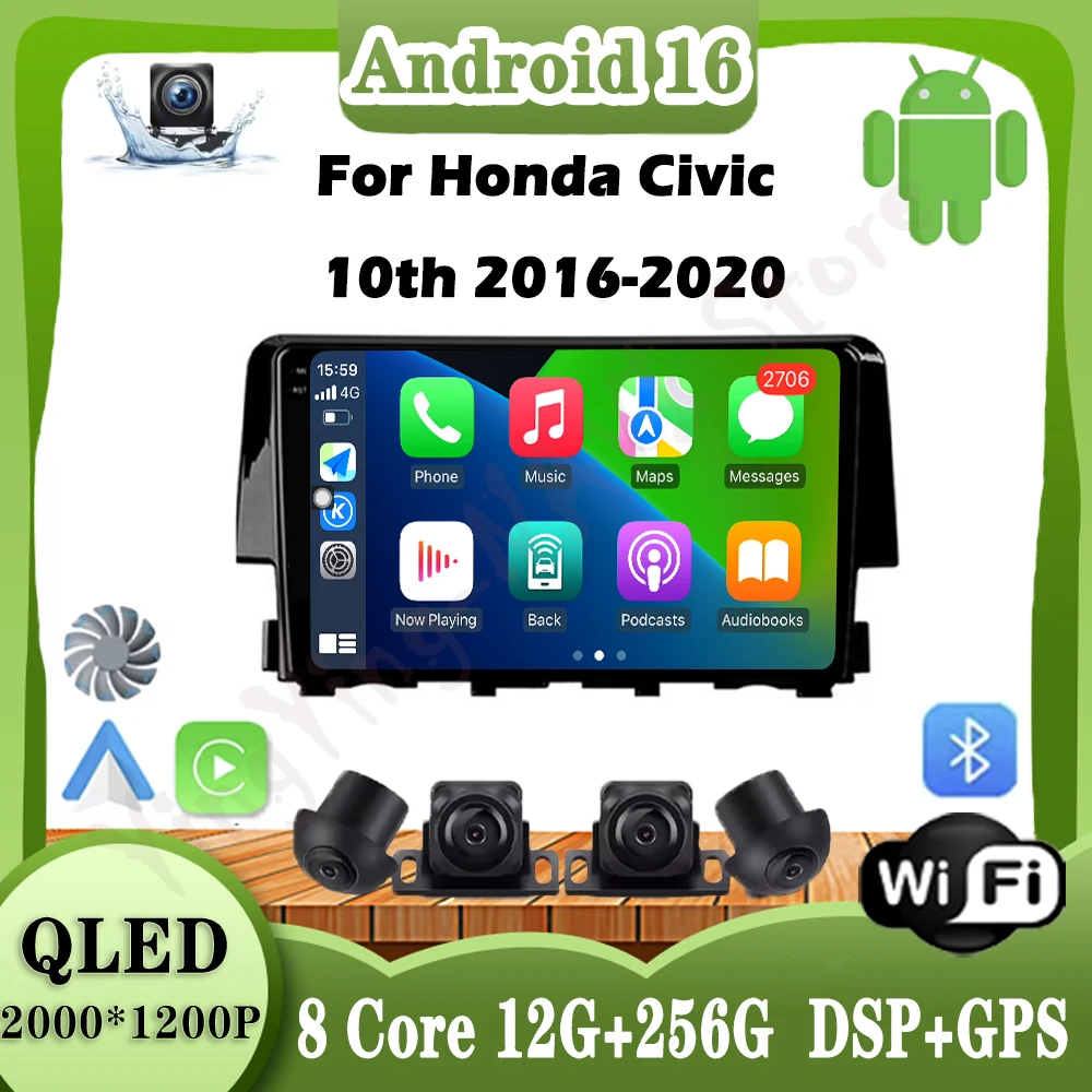 أندرويد 16 راديو السيارة لهوندا سيفيك 10th 2016 2017 2018 2019 2020 مشغل لاسلكي Carplay السيارات أدوات ستيريو الوسائط المتعددة